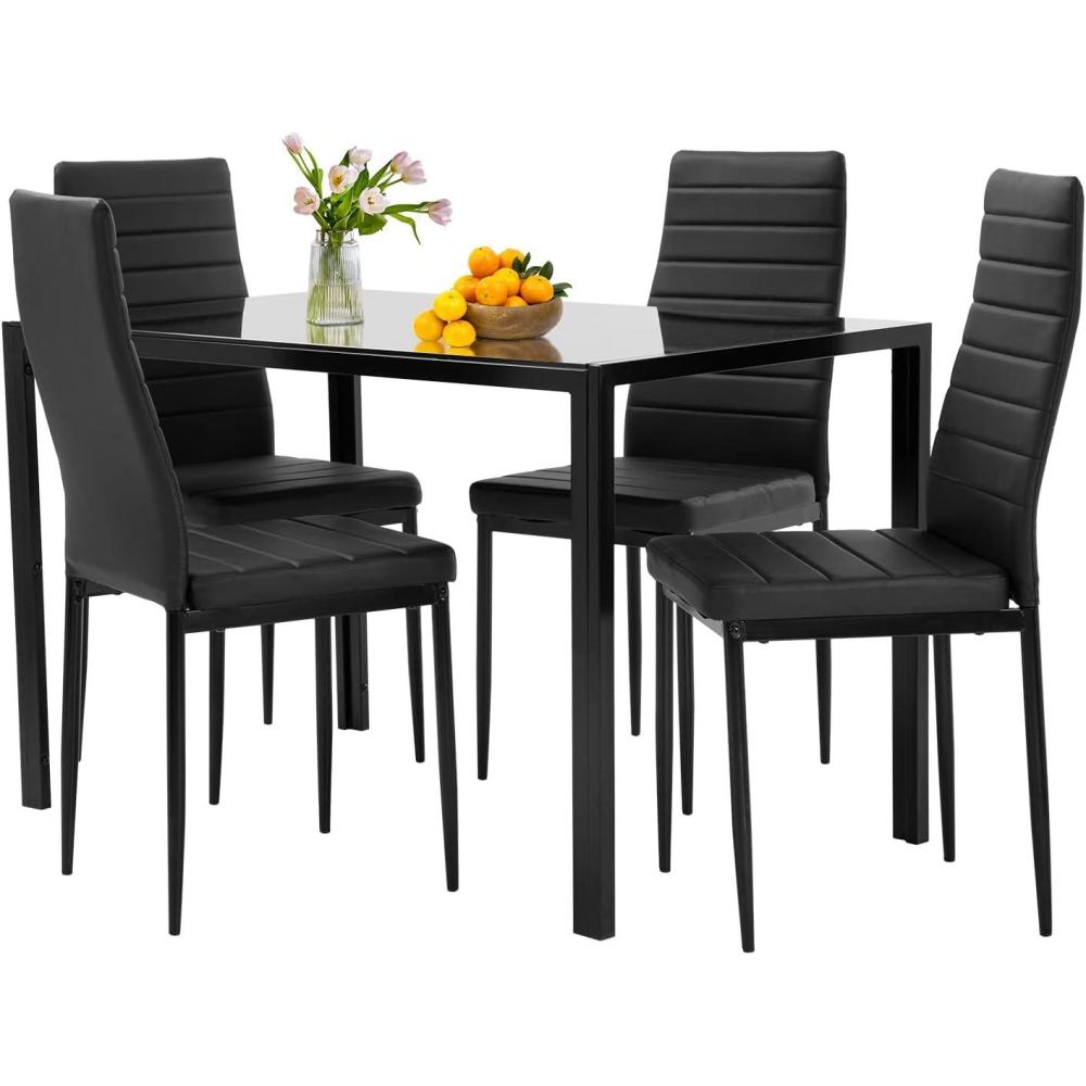 image:imageFDW  5Piece Dining Table Set  Black  Glass Kitchen Table with 4 Upholstered Chairs and Faux Leather Cushions  SpaceSaving and Modern Design  for Dining Room Easy to AssembleBlack Glass