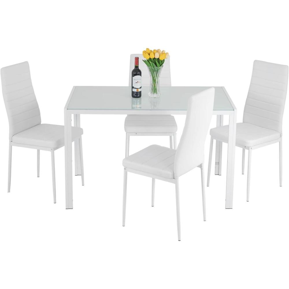 image:imageFDW  5Piece Dining Table Set  Black  Glass Kitchen Table with 4 Upholstered Chairs and Faux Leather Cushions  SpaceSaving and Modern Design  for Dining Room Easy to AssembleWhite Glass