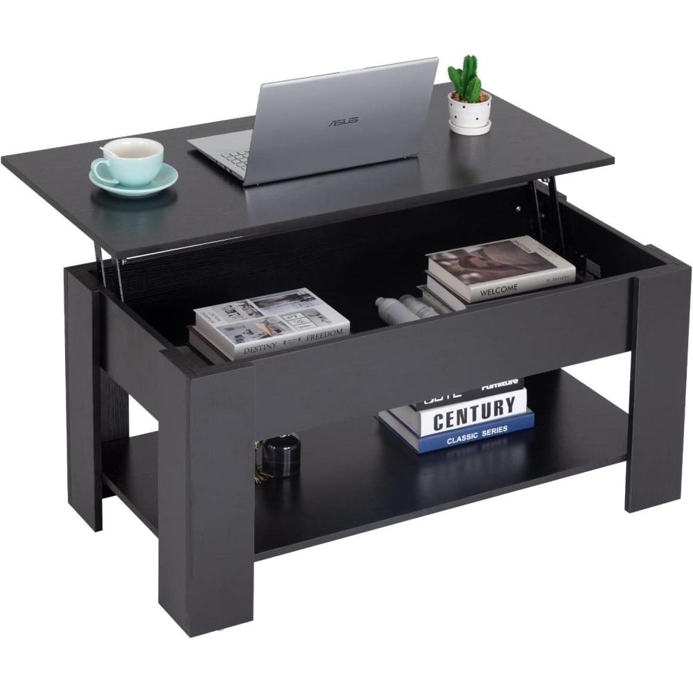 image:imageFDW 394 Lift Top Coffee Table with Hidden Compartment and Storage Shelf Wooden Lift Tabletop for Home Living Room Reception Room Office BlackBlack
