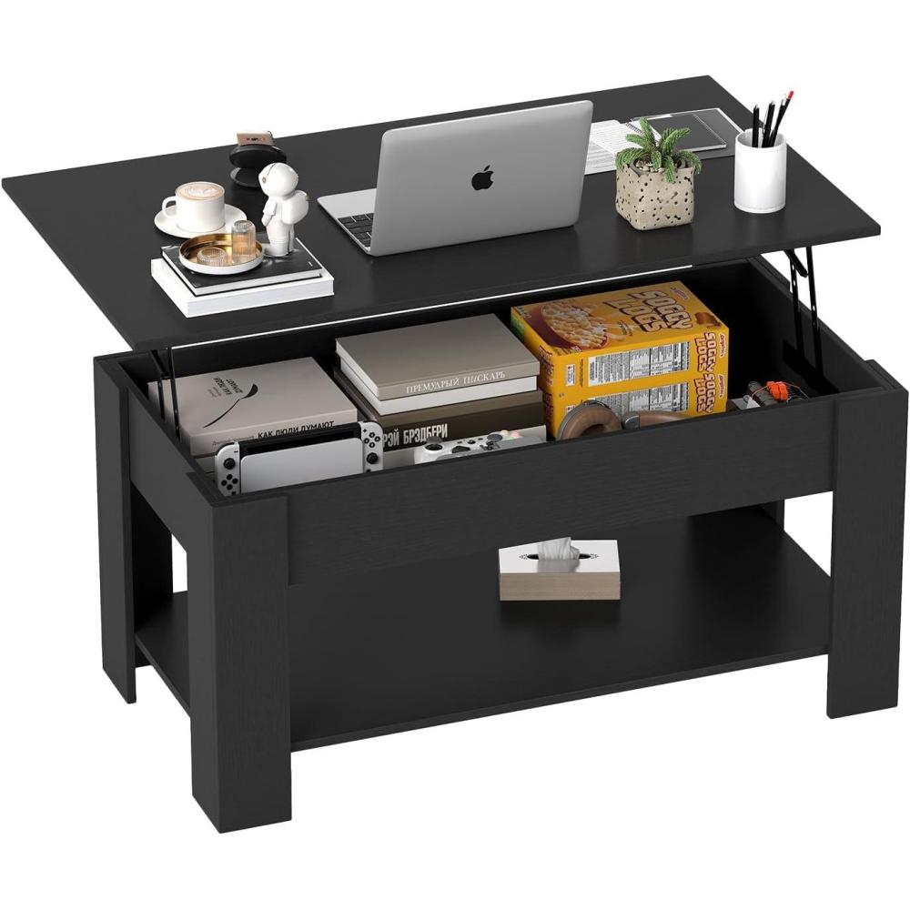image:imageFDW 394 Lift Top Coffee Table with Hidden Compartment and Storage Shelf Wooden Lift Tabletop for Home Living Room Reception Room Office BlackDark Black