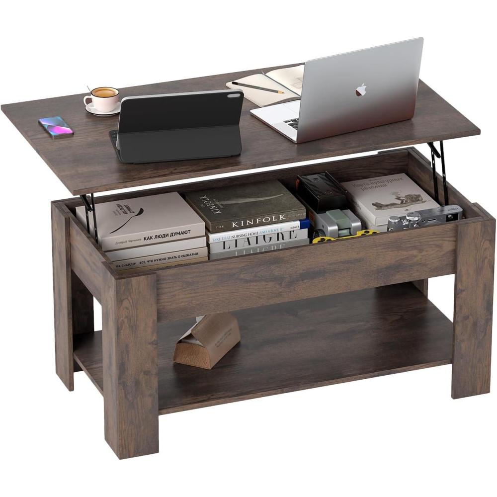 image:imageFDW 394 Lift Top Coffee Table with Hidden Compartment and Storage Shelf Wooden Lift Tabletop for Home Living Room Reception Room Office BlackDark Brown