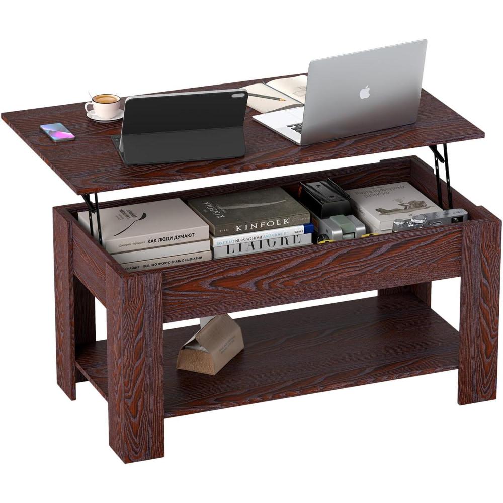 image:imageFDW 394 Lift Top Coffee Table with Hidden Compartment and Storage Shelf Wooden Lift Tabletop for Home Living Room Reception Room Office BlackDark Espresso