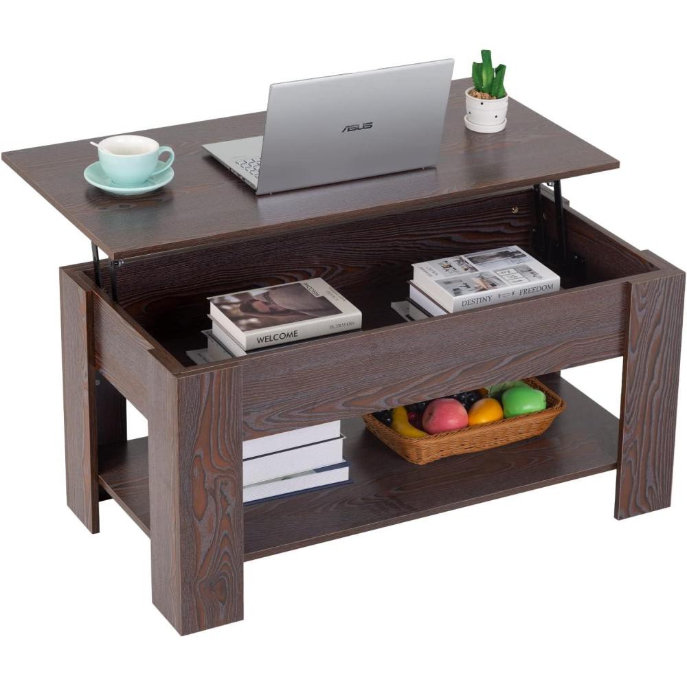 image:imageFDW 394 Lift Top Coffee Table with Hidden Compartment and Storage Shelf Wooden Lift Tabletop for Home Living Room Reception Room Office BlackEspresso