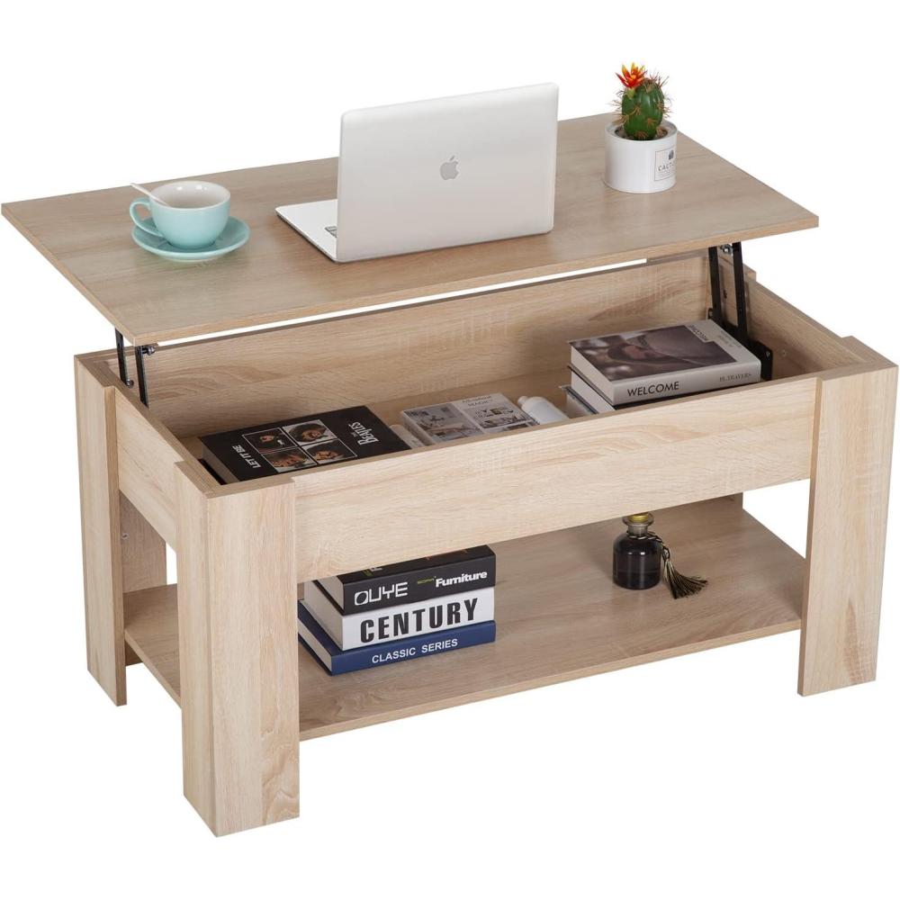 image:imageFDW 394 Lift Top Coffee Table with Hidden Compartment and Storage Shelf Wooden Lift Tabletop for Home Living Room Reception Room Office BlackGrey