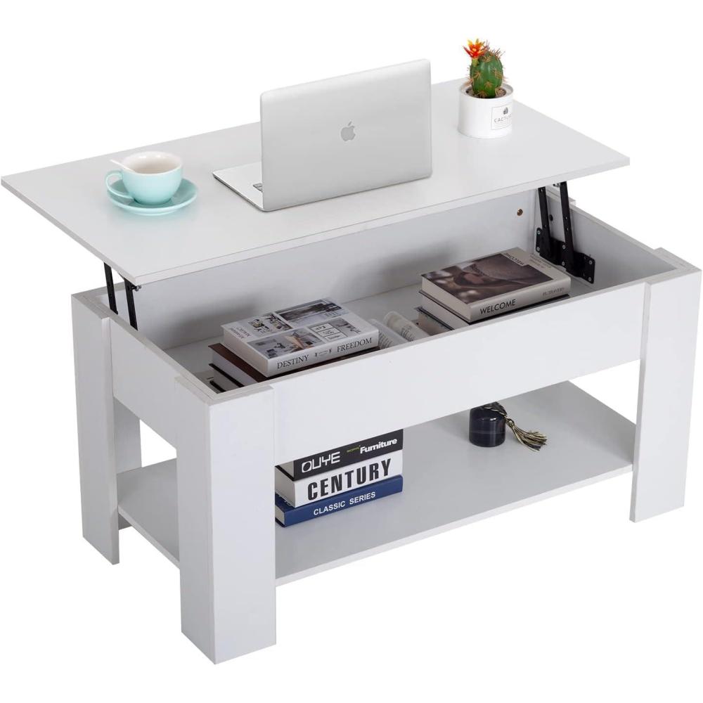 image:imageFDW 394 Lift Top Coffee Table with Hidden Compartment and Storage Shelf Wooden Lift Tabletop for Home Living Room Reception Room Office BlackWhite