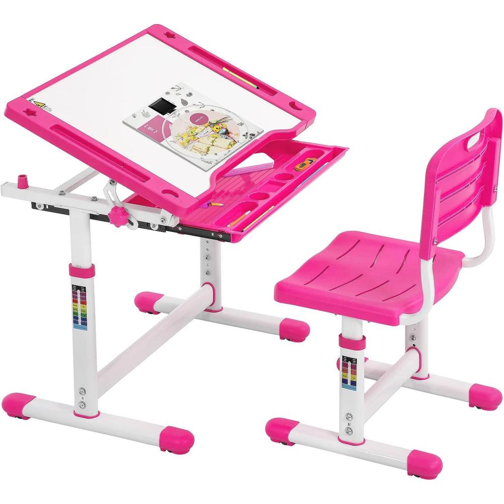 image:imageFDW Kids Desk Children Writing Student Desk Drafting Table Height Adjustable Study Table and Chair with Drawers StoragePinkPink