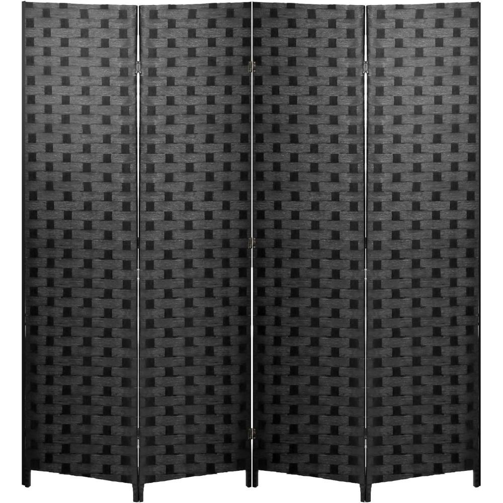 image:imageRoom Divider Wood Screen Wood Mesh Woven Design Room Screen Divider Folding Portable Partition Screen Screen Wood for Home Office 4 Panel GrayBlack