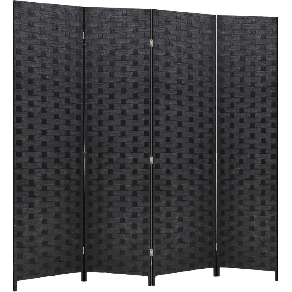 image:imageRoom Divider Wood Screen Wood Mesh Woven Design Room Screen Divider Folding Portable Partition Screen Screen Wood for Home Office 4 Panel GrayCoal Black