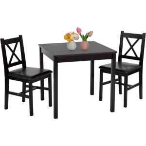 FDW | 3-Piece Solid Wood Dining Table | Dark Brown | Pine Kitchen Table with Upholstered Chairs | Space-Saving Design | Smooth Easy-to-Clean Surface | for Dining Room, Apartment, Restaurant(set for 2)