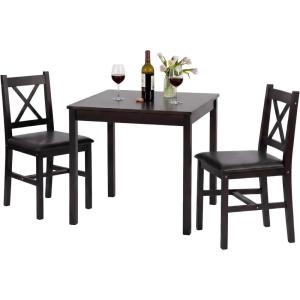 FDW | 3-Piece Solid Wood Dining Table | Dark Brown | Pine Kitchen Table with Upholstered Chairs | Space-Saving Design | Smooth Easy-to-Clean Surface | for Dining Room, Apartment, Restaurant(3 Piece)