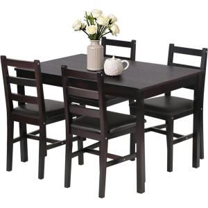 FDW | 3-Piece Solid Wood Dining Table | Dark Brown | Pine Kitchen Table with Upholstered Chairs | Space-Saving Design | Smooth Easy-to-Clean Surface | for Dining Room, Apartment, Restaurant(5 Piece)