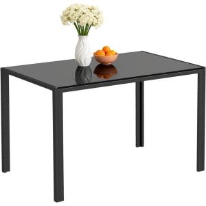 FDW | 5-Piece Dining Table Set | Black | Glass Kitchen Table with 4 Upholstered Chairs and Faux Leather Cushions | Space-Saving and Modern Design | for Dining Room, Easy to Assemble(Black Table)