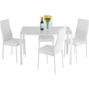 FDW | 5-Piece Dining Table Set | Black | Glass Kitchen Table with 4 Upholstered Chairs and Faux Leather Cushions | Space-Saving and Modern Design | for Dining Room, Easy to Assemble(White Glass)