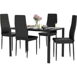 FDW | 5-Piece Dining Table Set | Black | Glass Kitchen Table with 4 Upholstered Chairs and Faux Leather Cushions | Space-Saving and Modern Design | for Dining Room, Easy to Assemble(Black-glass)