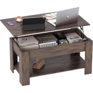 FDW 39.4″ Lift Top Coffee Table with Hidden Compartment and Storage Shelf Wooden Lift Tabletop for Home Living Room Reception Room Office (Black)(Dark Brown)