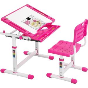 FDW Kids Desk Children Writing Student Desk Drafting Table Height Adjustable Study Table and Chair with Drawers Storage，Pink(Pink)