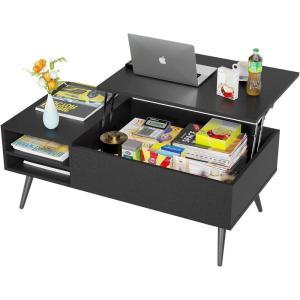Modern Lift Top Coffee Table Wooden Small Coffee Table Easy Setup Coffee Table with Storage Shelf Hidden Compartment for Living Room Home Office (Brown)(Black)