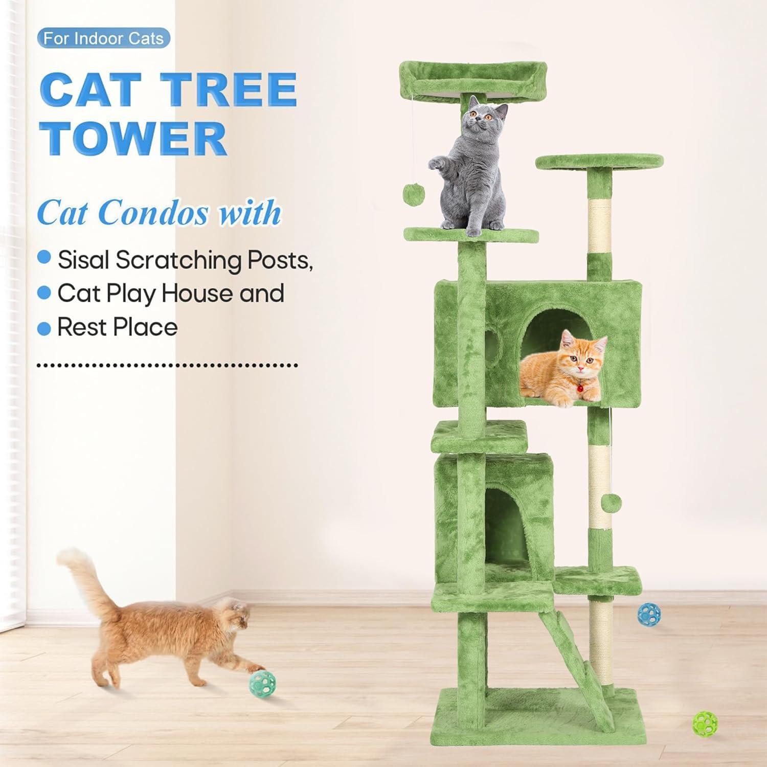 image:imageFDW 70 Cat Tree Tower Beige MultiLevel Indoor Activity Center with Sisal Scratching Posts Condos Plush Perches Hanging Cat Toys Sturdy Easy to Assemble for Kittens amp Adult CatsGreen