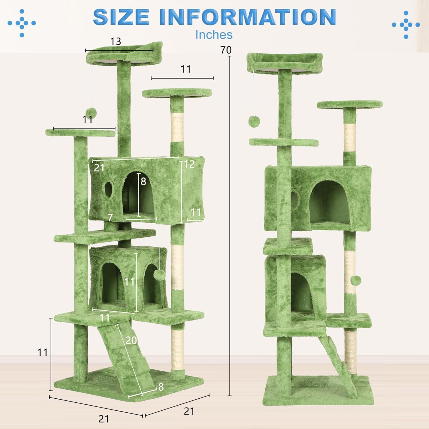 image:imageFDW 70 Cat Tree Tower Beige MultiLevel Indoor Activity Center with Sisal Scratching Posts Condos Plush Perches Hanging Cat Toys Sturdy Easy to Assemble for Kittens amp Adult CatsGreen