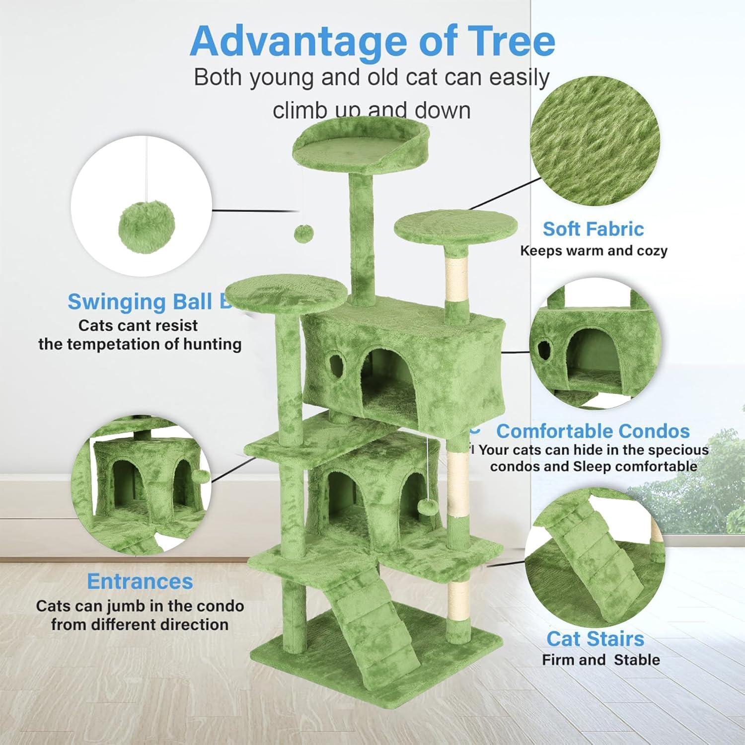 image:imageFDW 70 Cat Tree Tower Beige MultiLevel Indoor Activity Center with Sisal Scratching Posts Condos Plush Perches Hanging Cat Toys Sturdy Easy to Assemble for Kittens amp Adult CatsGreen