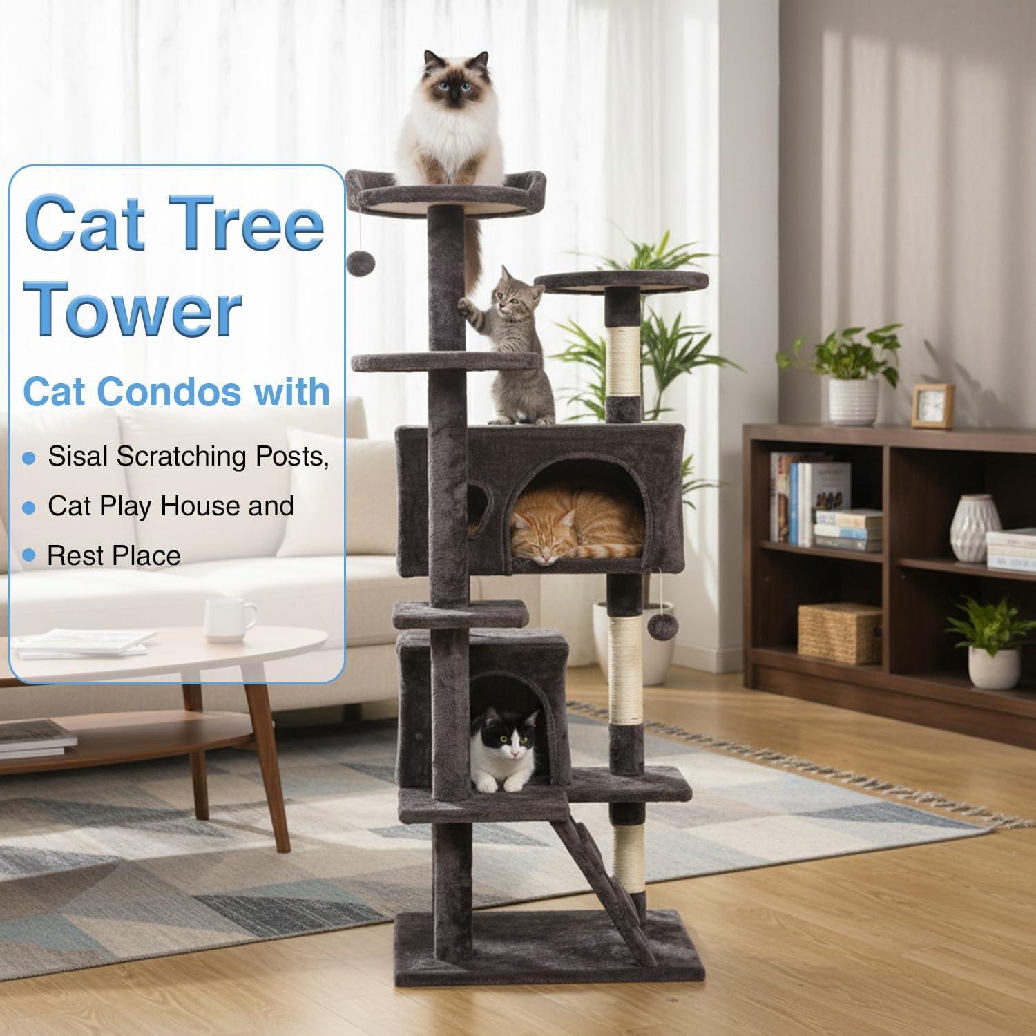 image:imageFDW 70 Cat Tree Tower Beige MultiLevel Indoor Activity Center with Sisal Scratching Posts Condos Plush Perches Hanging Cat Toys Sturdy Easy to Assemble for Kittens amp Adult CatsPurple Gray