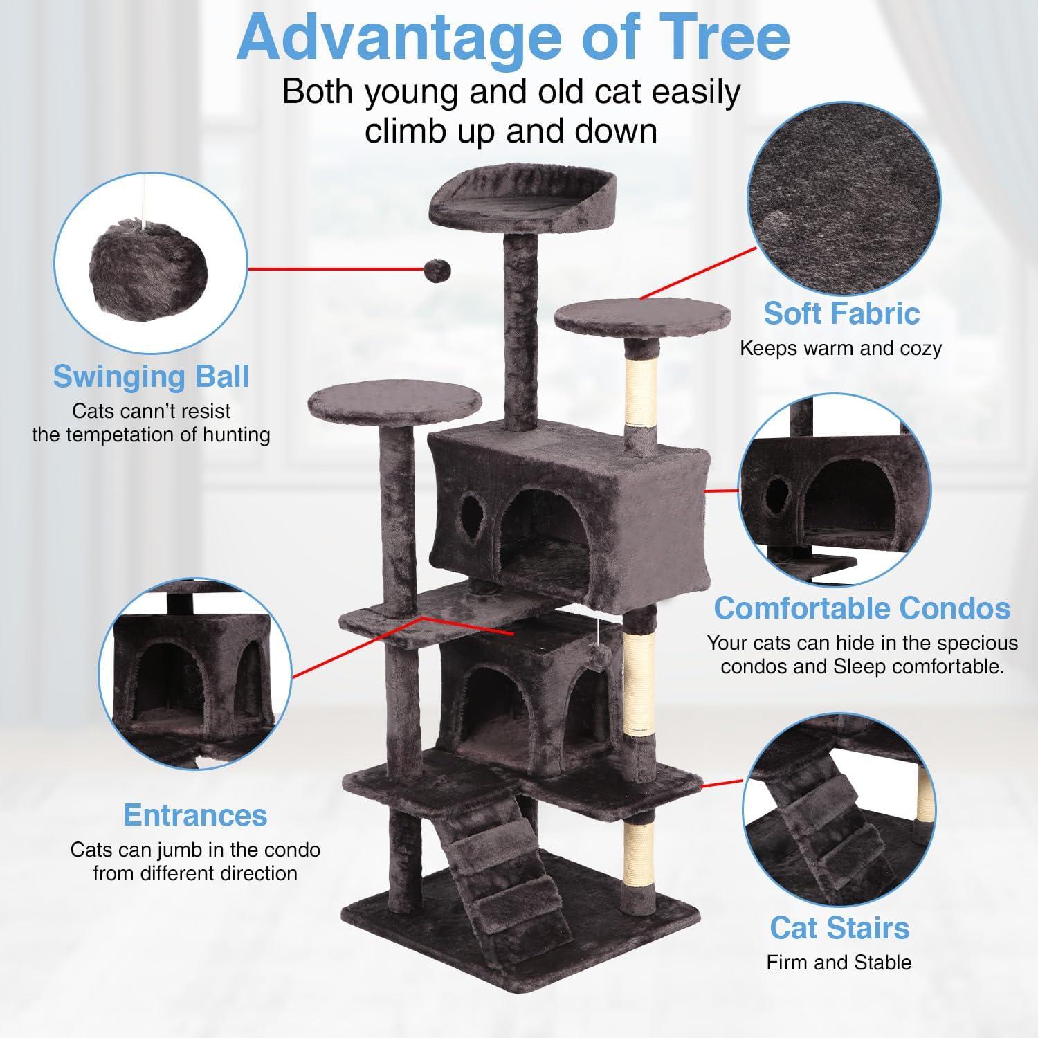 image:imageFDW 70 Cat Tree Tower Beige MultiLevel Indoor Activity Center with Sisal Scratching Posts Condos Plush Perches Hanging Cat Toys Sturdy Easy to Assemble for Kittens amp Adult CatsPurple Gray