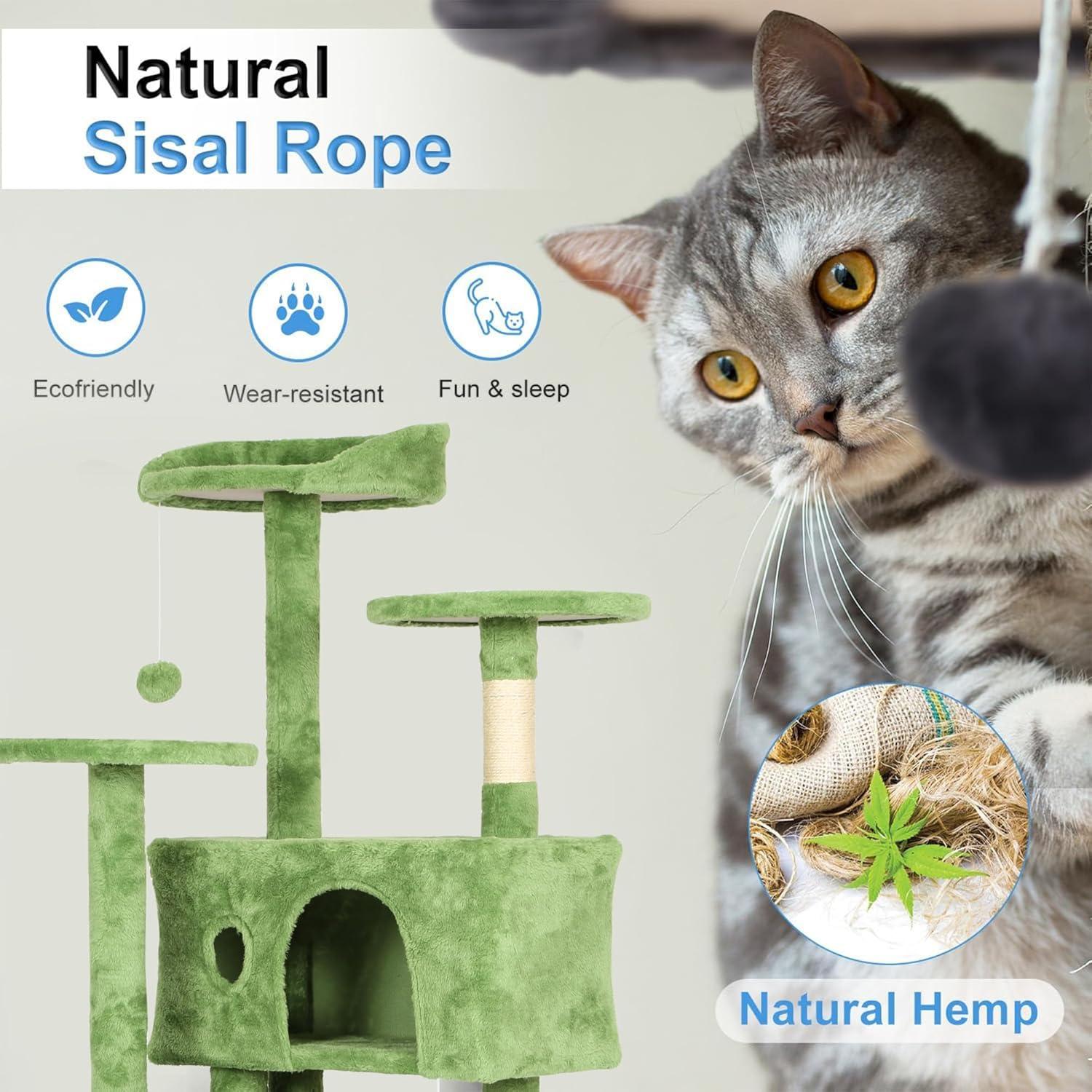 image:imageFDW 70 Cat Tree Tower Beige MultiLevel Indoor Activity Center with Sisal Scratching Posts Condos Plush Perches Hanging Cat Toys Sturdy Easy to Assemble for Kittens amp Adult CatsGreen
