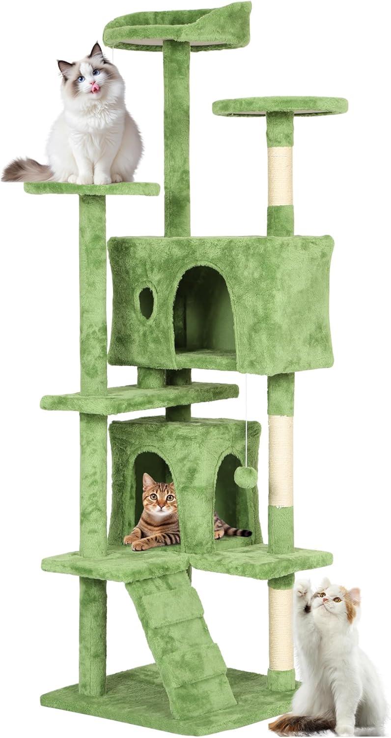 image:imageFDW 70 Cat Tree Tower Beige MultiLevel Indoor Activity Center with Sisal Scratching Posts Condos Plush Perches Hanging Cat Toys Sturdy Easy to Assemble for Kittens amp Adult CatsGreen