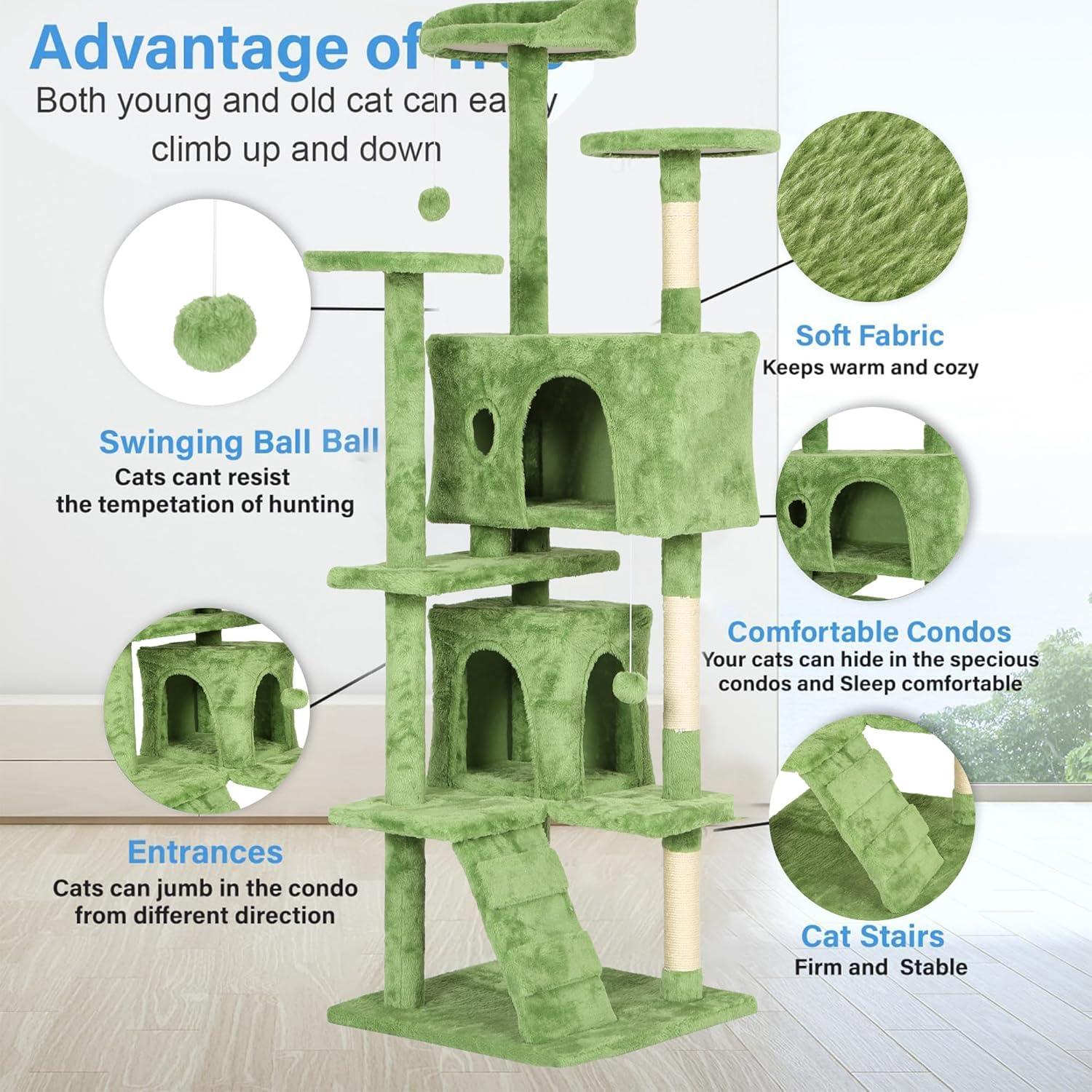 image:imageFDW 70 Cat Tree Tower Beige MultiLevel Indoor Activity Center with Sisal Scratching Posts Condos Plush Perches Hanging Cat Toys Sturdy Easy to Assemble for Kittens amp Adult CatsGreen