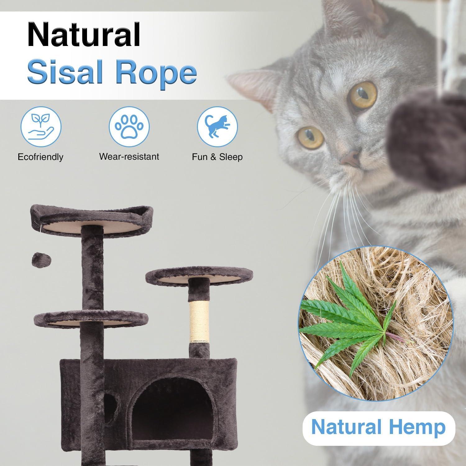 image:imageFDW 70 Cat Tree Tower Beige MultiLevel Indoor Activity Center with Sisal Scratching Posts Condos Plush Perches Hanging Cat Toys Sturdy Easy to Assemble for Kittens amp Adult CatsPurple Gray