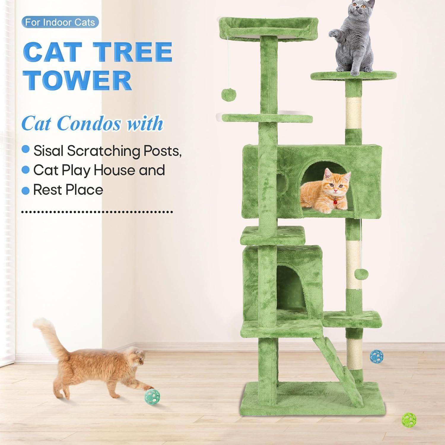 image:imageFDW 70 Cat Tree Tower Beige MultiLevel Indoor Activity Center with Sisal Scratching Posts Condos Plush Perches Hanging Cat Toys Sturdy Easy to Assemble for Kittens amp Adult CatsGreen