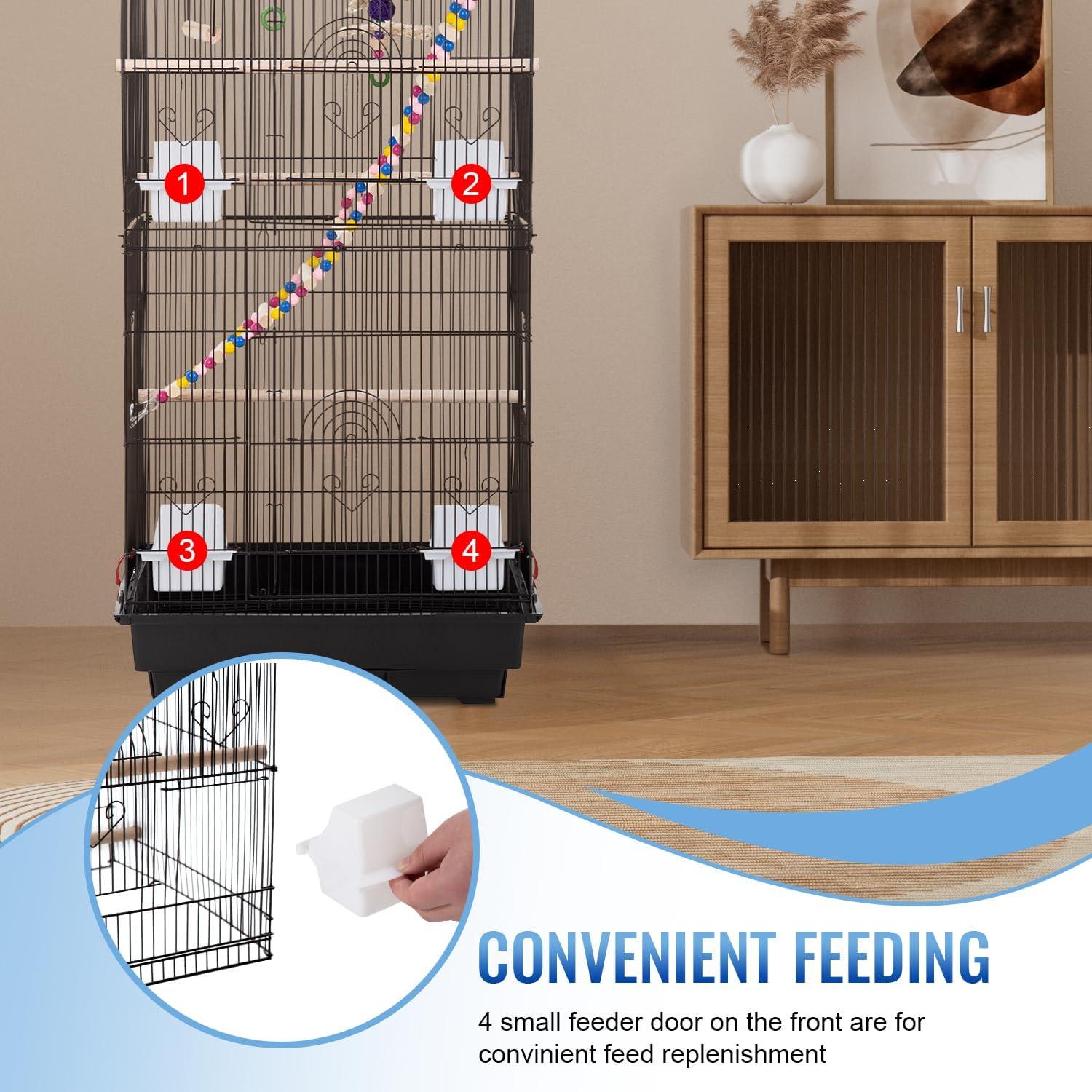 image:imageFDW 39 Inch Bird Cage Parakeet Cage with Play Top Rolling Stand amp Easy Clean PullOut Tray Roof Top Parrot Cage for for Finches Canaries Parakeets Cockatiels amp Other Small Birds Black