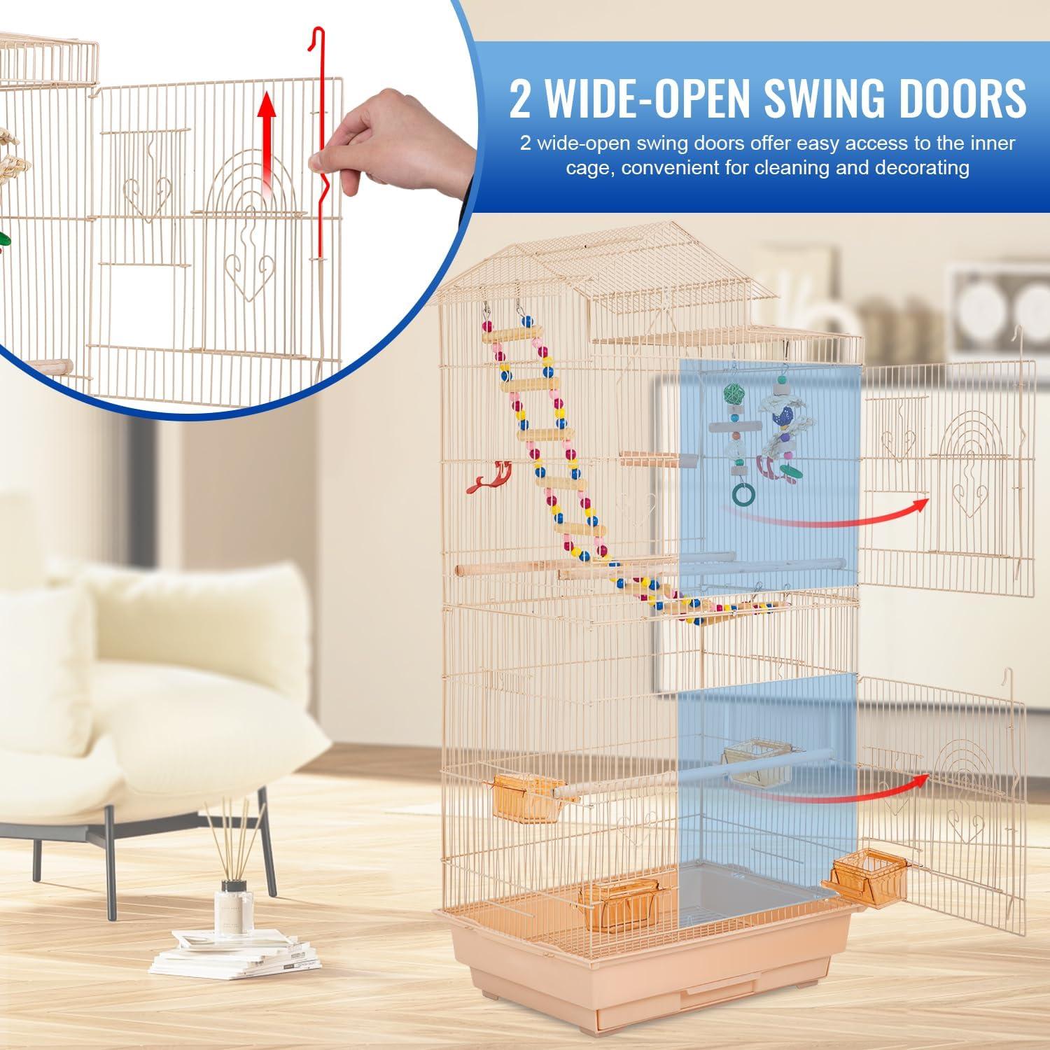 image:imageFDW 39 Inch Bird Cage Parakeet Cage with Play Top Rolling Stand amp Easy Clean PullOut Tray Roof Top Parrot Cage for for Finches Canaries Parakeets Cockatiels amp Other Small Birds Almond