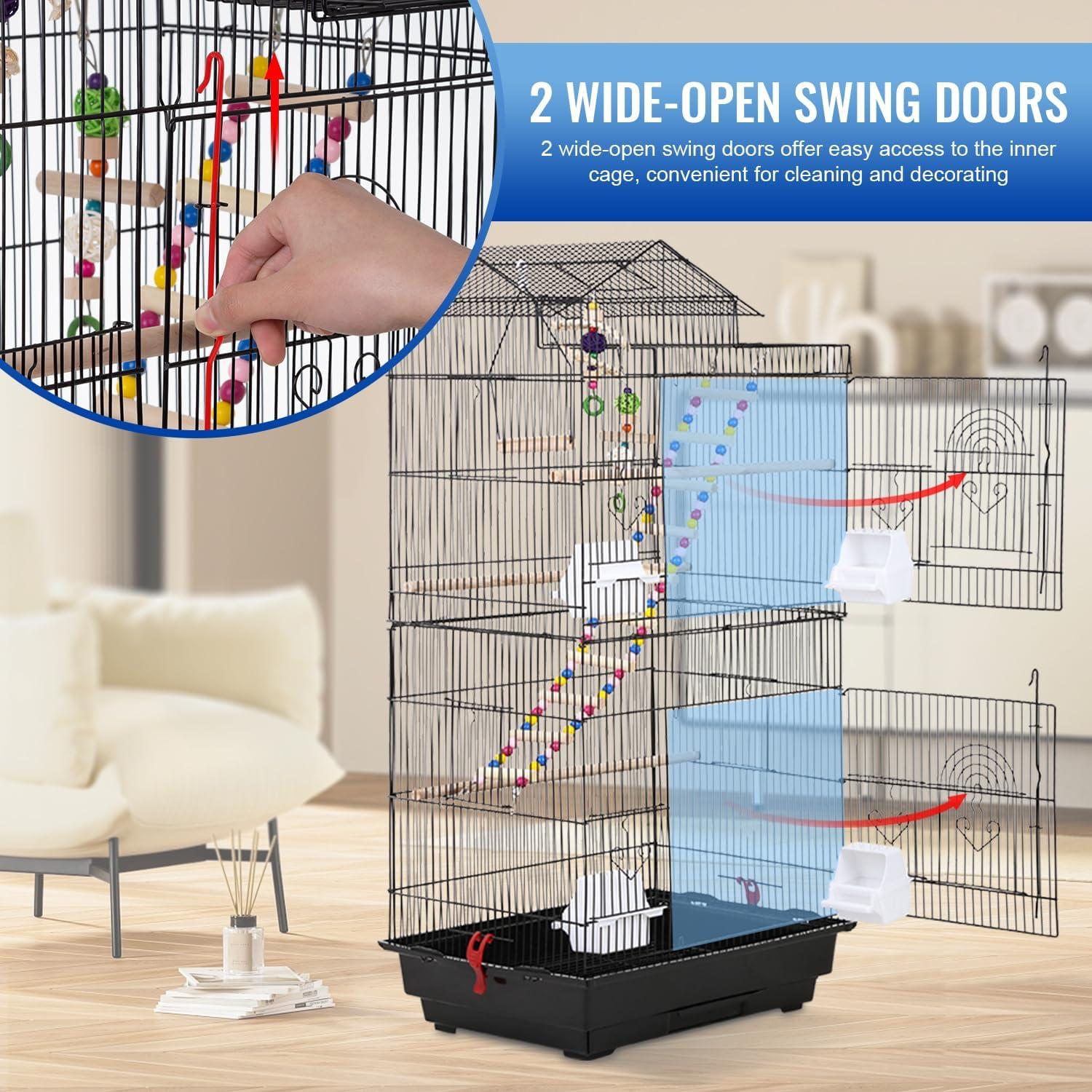 image:imageFDW 39 Inch Bird Cage Parakeet Cage with Play Top Rolling Stand amp Easy Clean PullOut Tray Roof Top Parrot Cage for for Finches Canaries Parakeets Cockatiels amp Other Small Birds Black