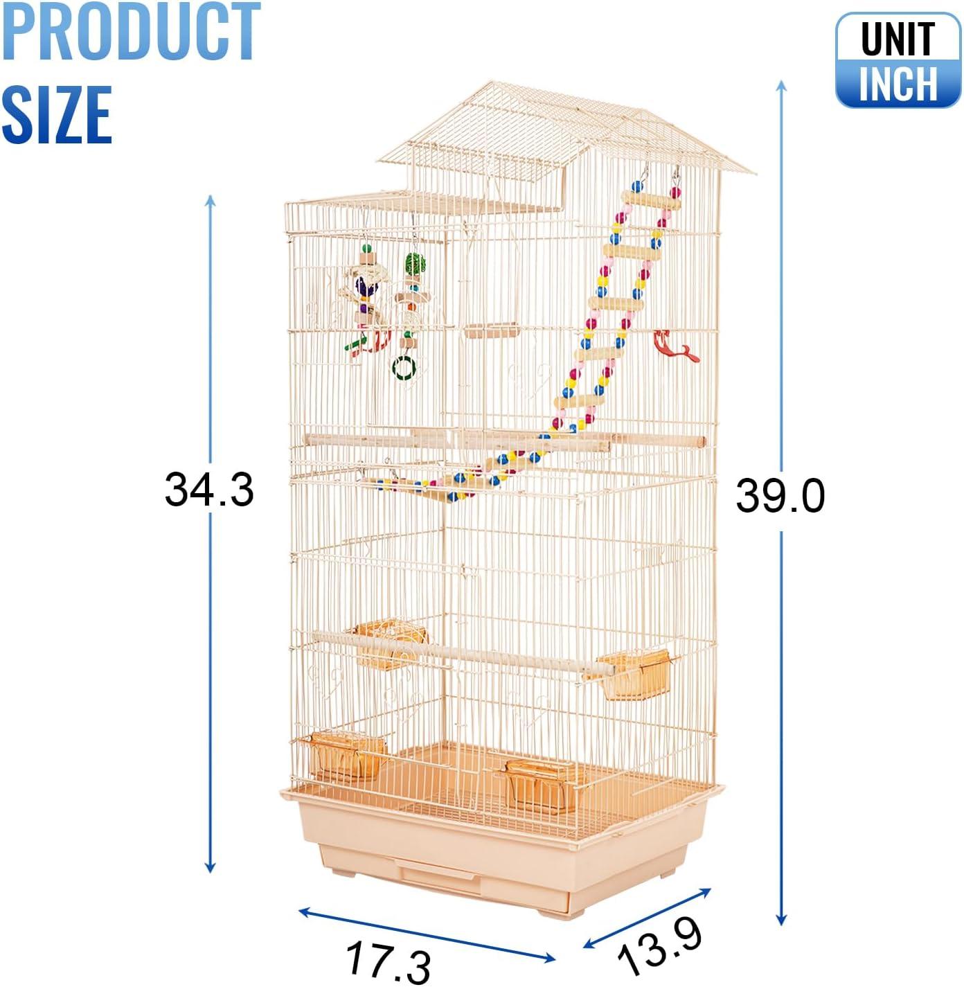 image:imageFDW 39 Inch Bird Cage Parakeet Cage with Play Top Rolling Stand amp Easy Clean PullOut Tray Roof Top Parrot Cage for for Finches Canaries Parakeets Cockatiels amp Other Small Birds Almond