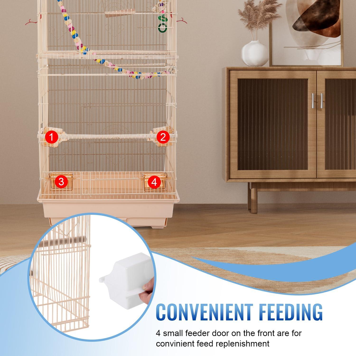 image:imageFDW 39 Inch Bird Cage Parakeet Cage with Play Top Rolling Stand amp Easy Clean PullOut Tray Roof Top Parrot Cage for for Finches Canaries Parakeets Cockatiels amp Other Small Birds Almond