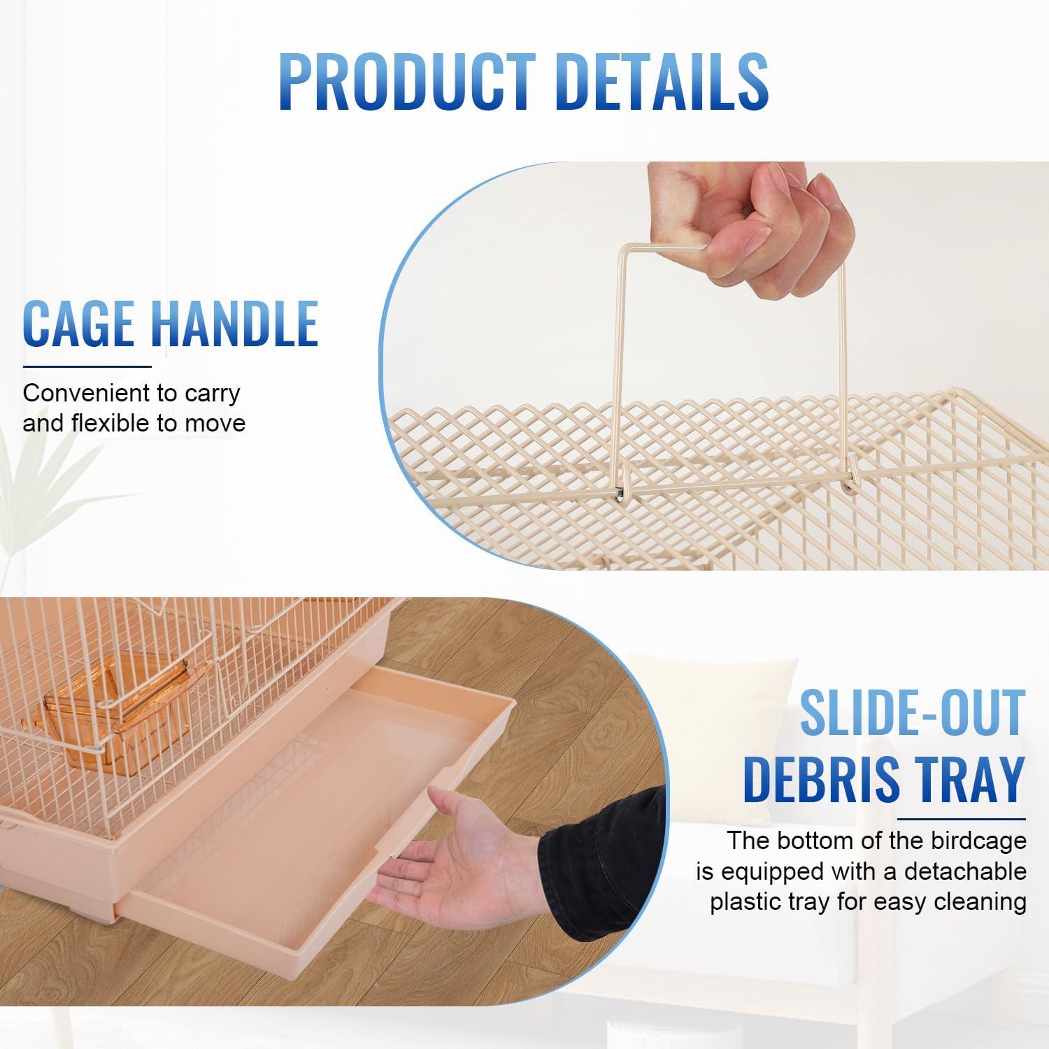 image:imageFDW 39 Inch Bird Cage Parakeet Cage with Play Top Rolling Stand amp Easy Clean PullOut Tray Roof Top Parrot Cage for for Finches Canaries Parakeets Cockatiels amp Other Small Birds Almond
