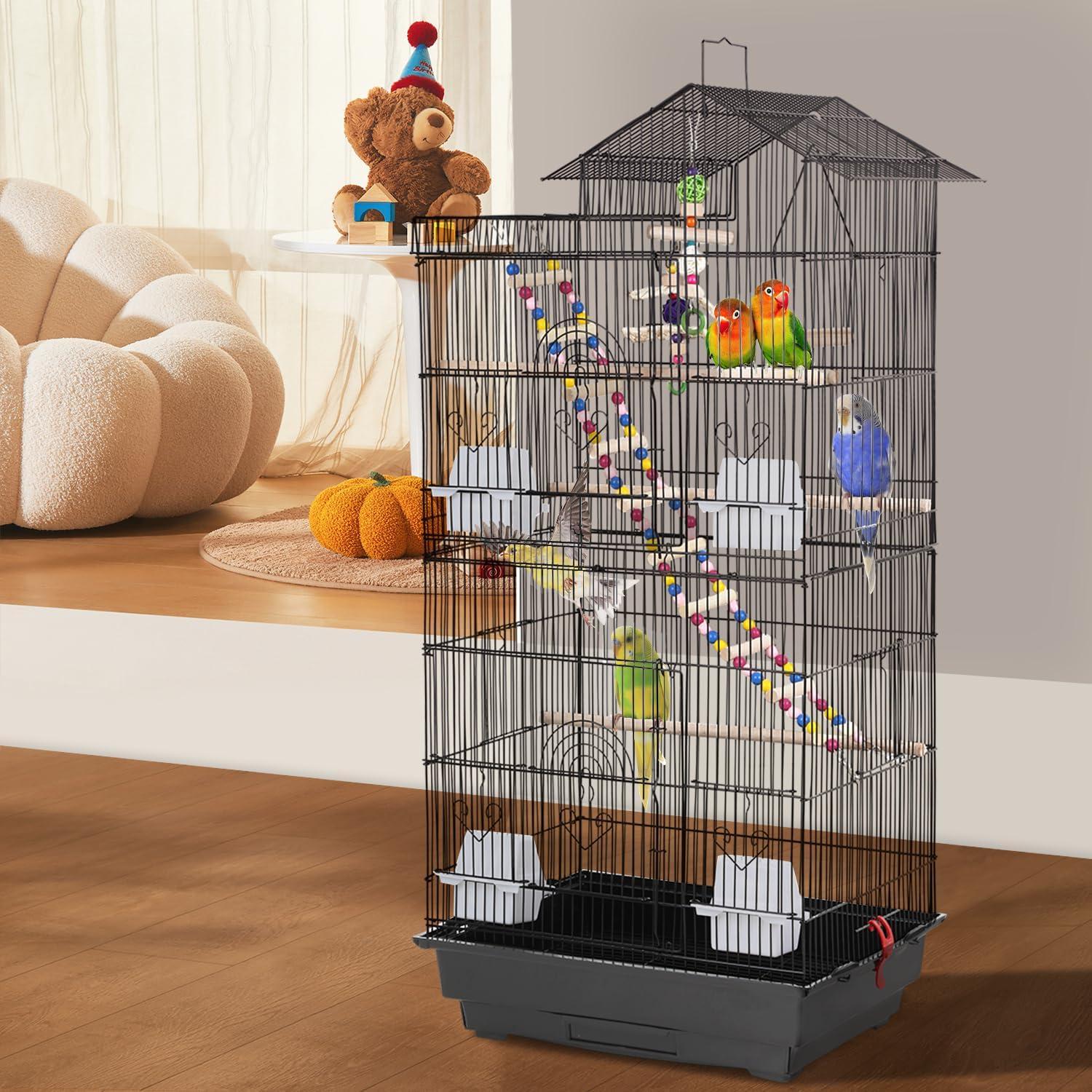 image:imageFDW 39 Inch Bird Cage Parakeet Cage with Play Top Rolling Stand amp Easy Clean PullOut Tray Roof Top Parrot Cage for for Finches Canaries Parakeets Cockatiels amp Other Small Birds Black