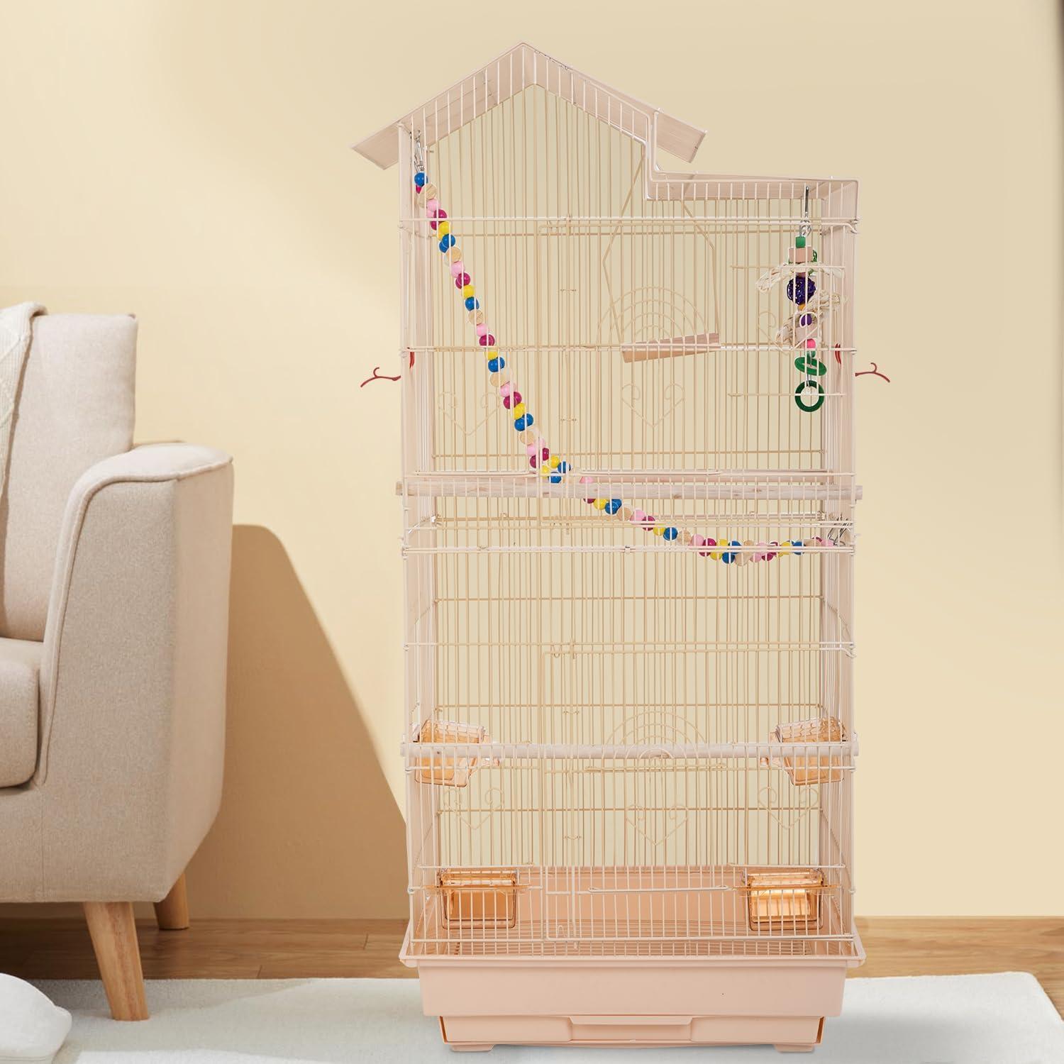 image:imageFDW 39 Inch Bird Cage Parakeet Cage with Play Top Rolling Stand amp Easy Clean PullOut Tray Roof Top Parrot Cage for for Finches Canaries Parakeets Cockatiels amp Other Small Birds Almond