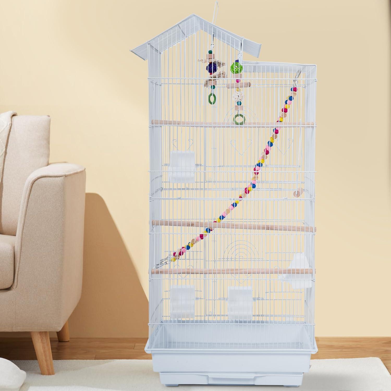 image:imageFDW 39 Inch Bird Cage Parakeet Cage with Play Top Rolling Stand amp Easy Clean PullOut Tray Roof Top Parrot Cage for for Finches Canaries Parakeets Cockatiels amp Other Small Birds White