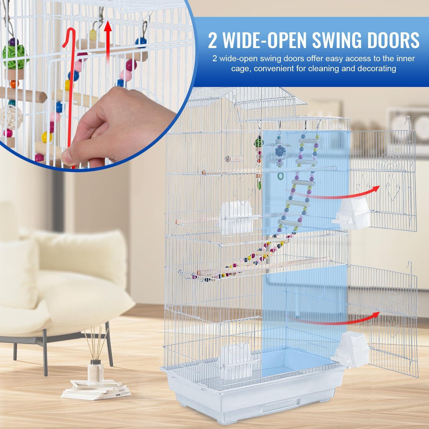 image:imageFDW 39 Inch Bird Cage Parakeet Cage with Play Top Rolling Stand amp Easy Clean PullOut Tray Roof Top Parrot Cage for for Finches Canaries Parakeets Cockatiels amp Other Small Birds White