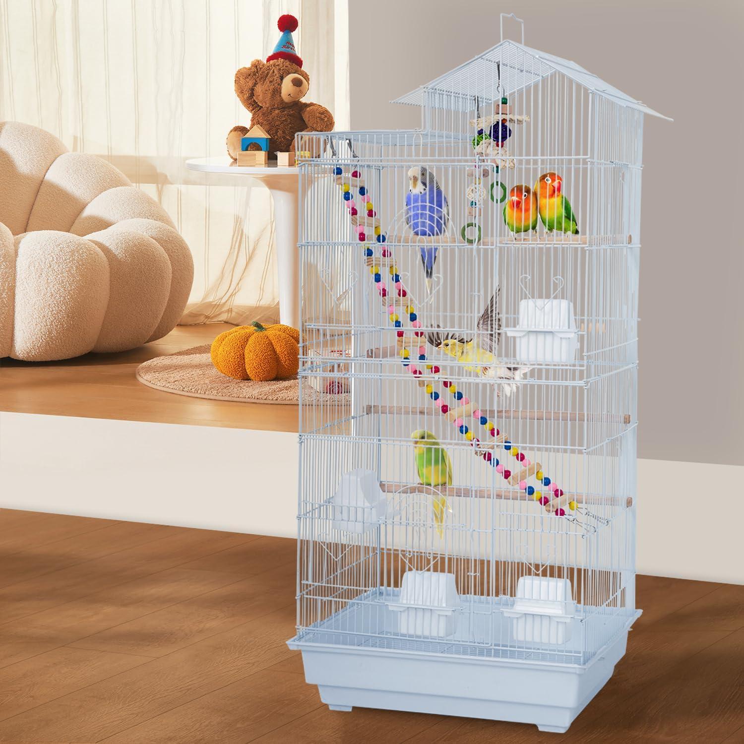image:imageFDW 39 Inch Bird Cage Parakeet Cage with Play Top Rolling Stand amp Easy Clean PullOut Tray Roof Top Parrot Cage for for Finches Canaries Parakeets Cockatiels amp Other Small Birds White
