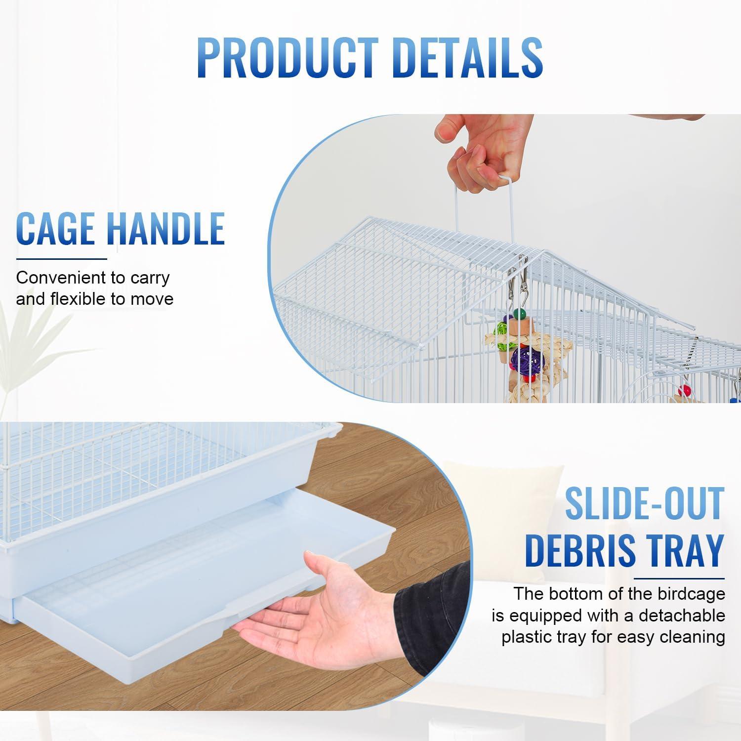 image:imageFDW 39 Inch Bird Cage Parakeet Cage with Play Top Rolling Stand amp Easy Clean PullOut Tray Roof Top Parrot Cage for for Finches Canaries Parakeets Cockatiels amp Other Small Birds White
