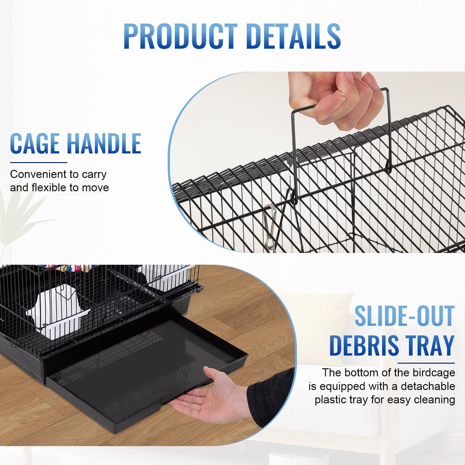 image:imageFDW 39 Inch Bird Cage Parakeet Cage with Play Top Rolling Stand amp Easy Clean PullOut Tray Roof Top Parrot Cage for for Finches Canaries Parakeets Cockatiels amp Other Small Birds Black