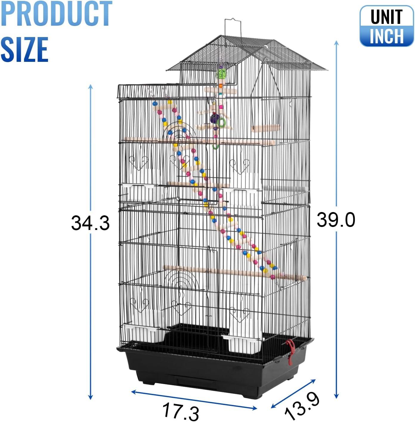 image:imageFDW 39 Inch Bird Cage Parakeet Cage with Play Top Rolling Stand amp Easy Clean PullOut Tray Roof Top Parrot Cage for for Finches Canaries Parakeets Cockatiels amp Other Small Birds Black