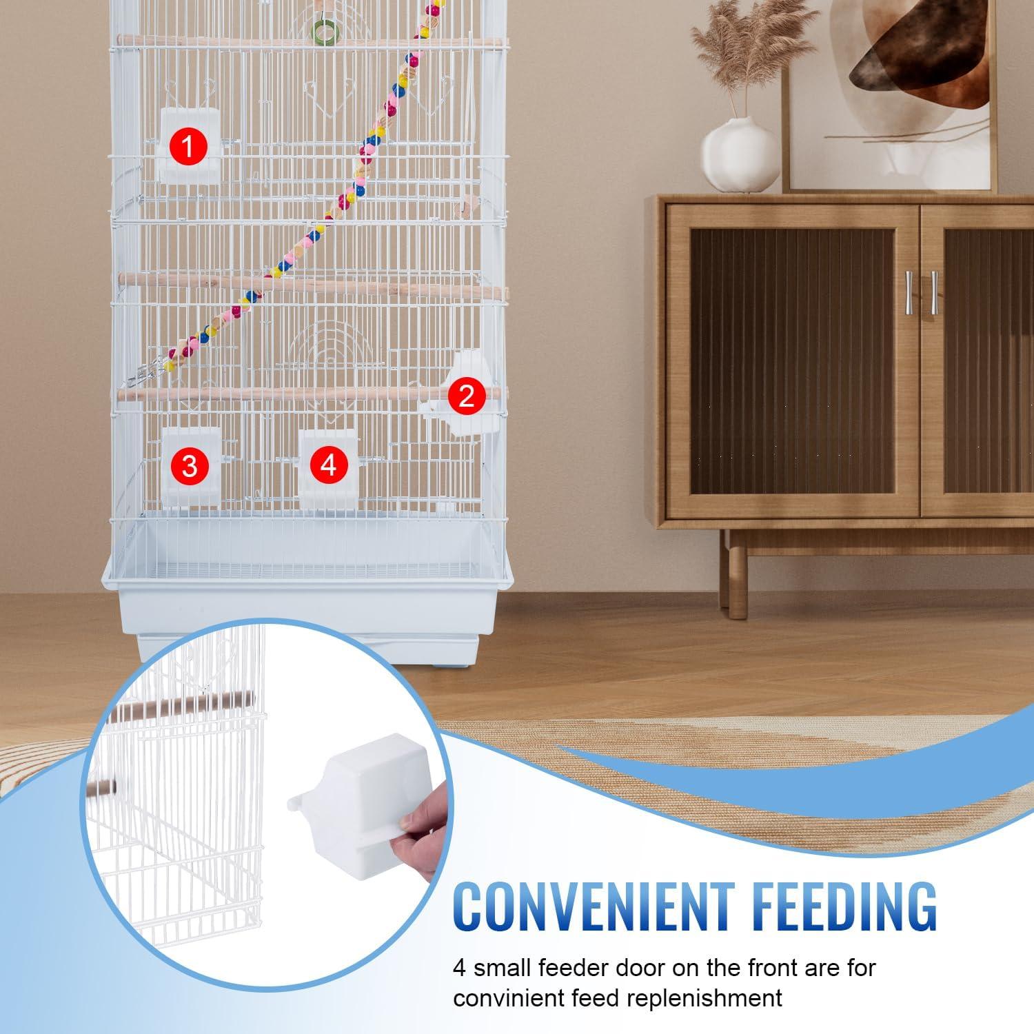 image:imageFDW 39 Inch Bird Cage Parakeet Cage with Play Top Rolling Stand amp Easy Clean PullOut Tray Roof Top Parrot Cage for for Finches Canaries Parakeets Cockatiels amp Other Small Birds White