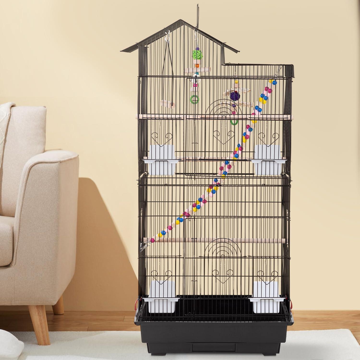 image:imageFDW 39 Inch Bird Cage Parakeet Cage with Play Top Rolling Stand amp Easy Clean PullOut Tray Roof Top Parrot Cage for for Finches Canaries Parakeets Cockatiels amp Other Small Birds Black