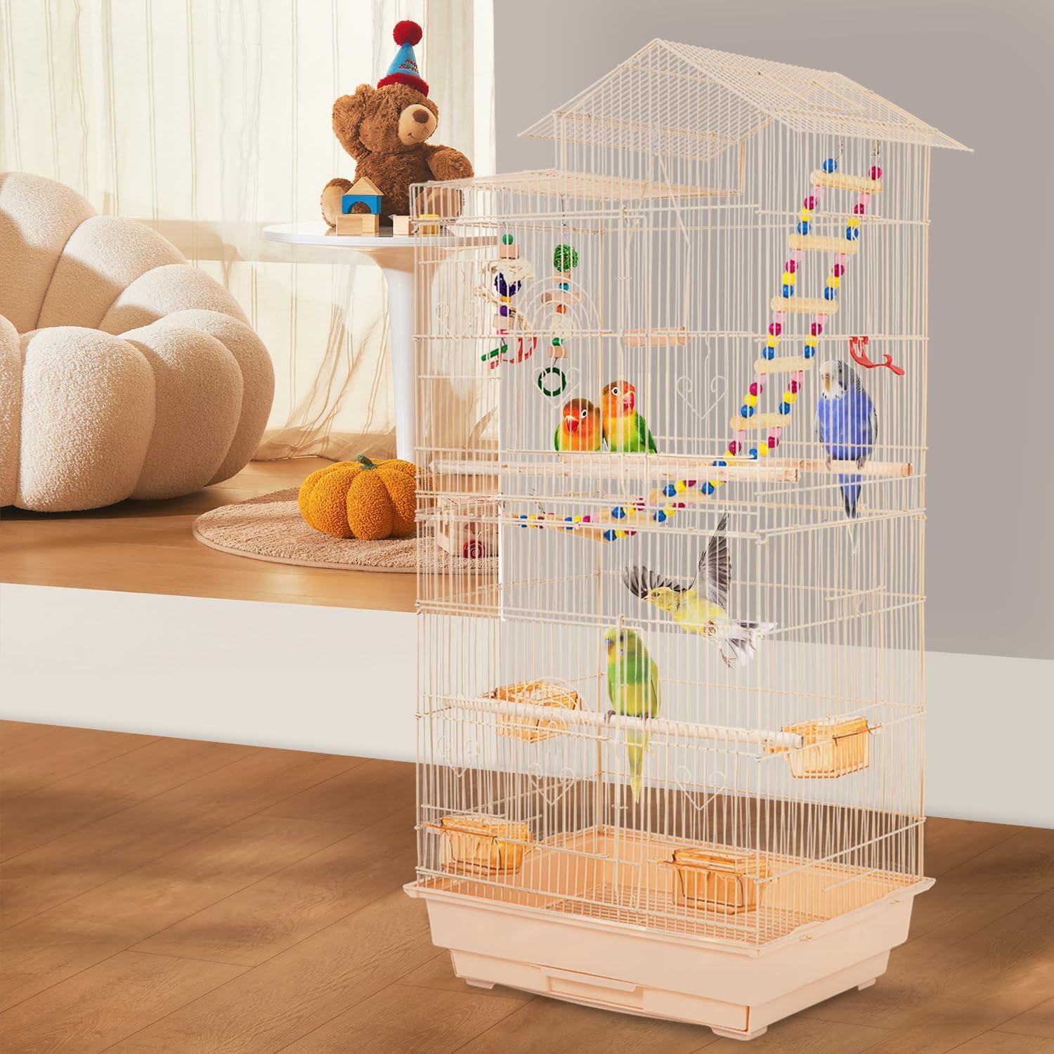 image:imageFDW 39 Inch Bird Cage Parakeet Cage with Play Top Rolling Stand amp Easy Clean PullOut Tray Roof Top Parrot Cage for for Finches Canaries Parakeets Cockatiels amp Other Small Birds Almond
