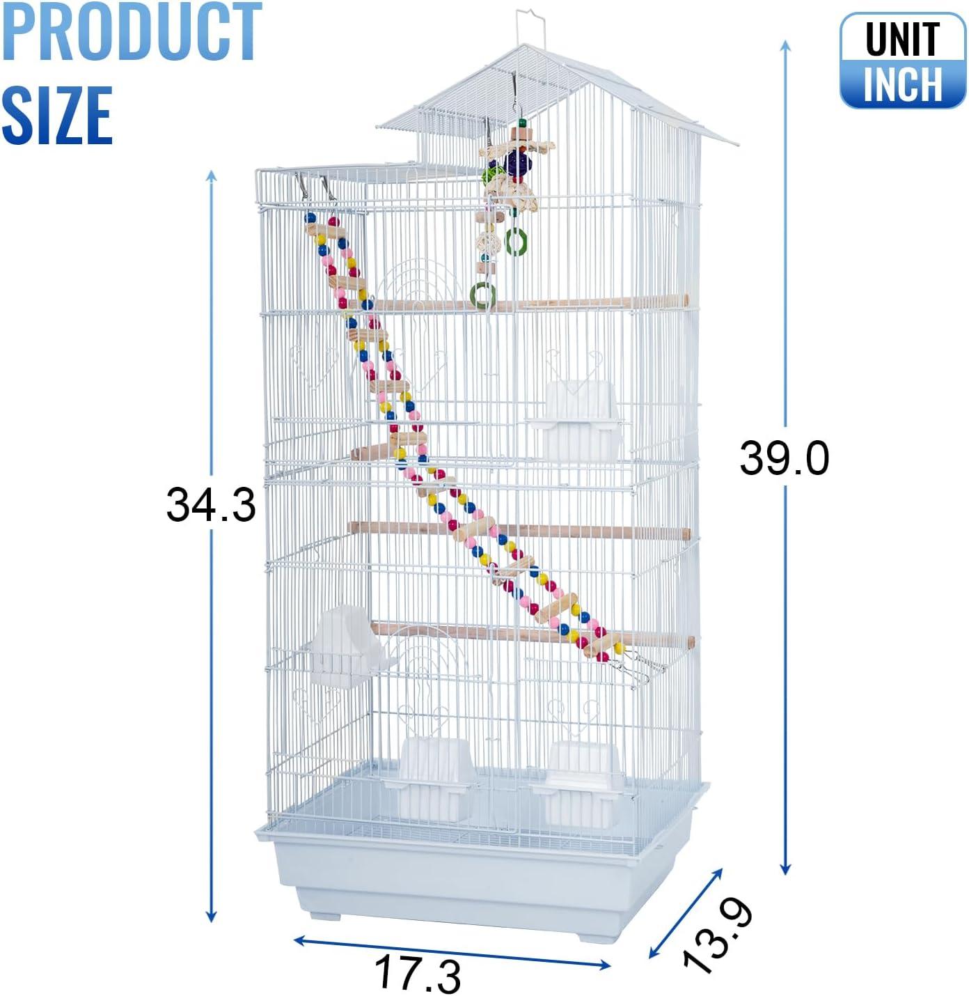 image:imageFDW 39 Inch Bird Cage Parakeet Cage with Play Top Rolling Stand amp Easy Clean PullOut Tray Roof Top Parrot Cage for for Finches Canaries Parakeets Cockatiels amp Other Small Birds White