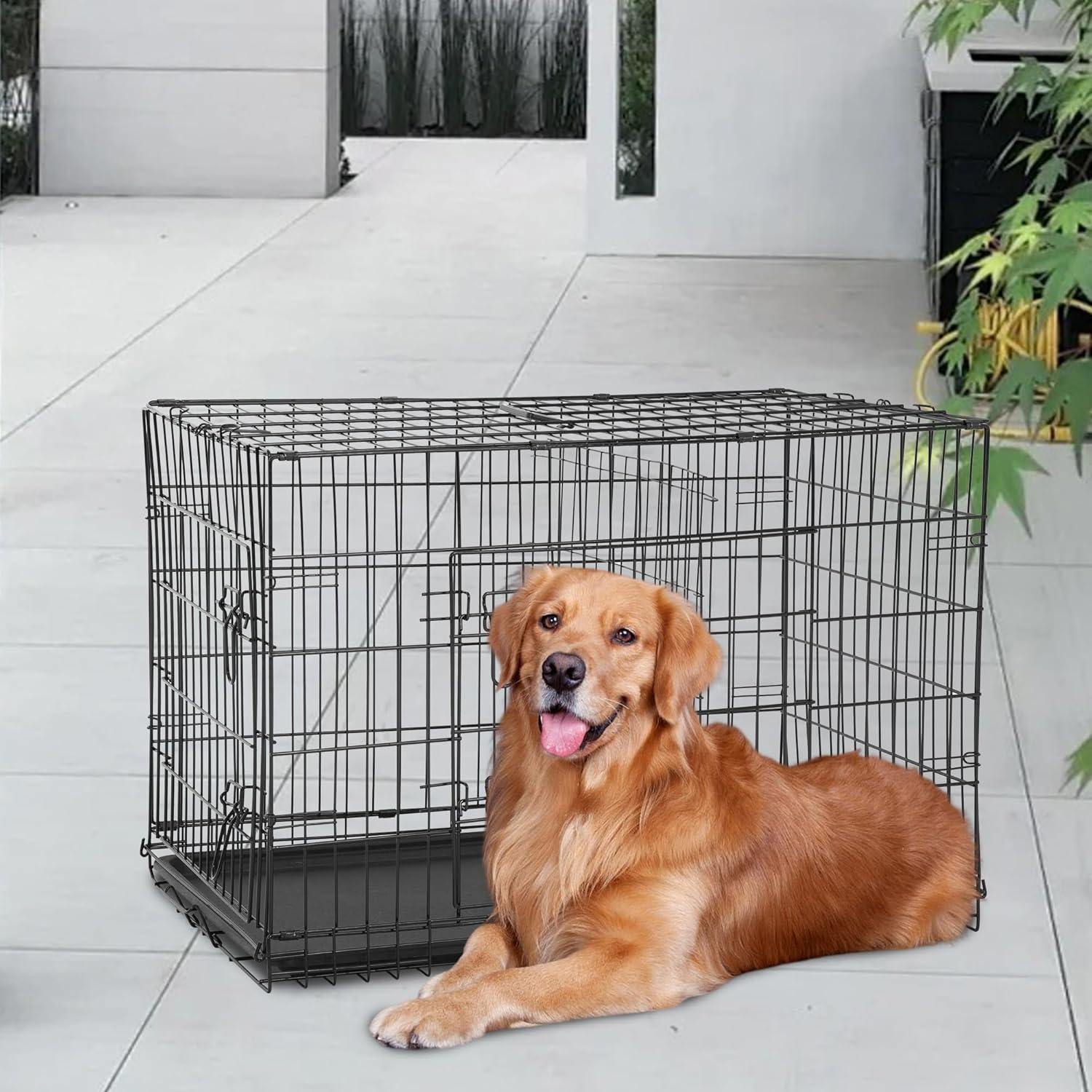 image:imageFDW Dog Crate Dog Kennel Cage with Double Door36 inch Folding Metal Wire Dog Cage with Removable TrayampDivider PanelPet Crate for Medium DogsPinkBlack